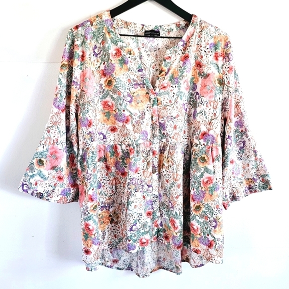 JNY Linen Blend Floral Peplum 3/4 Sleeves Button Down Women's Blouse Size 2X - Picture 1 of 6